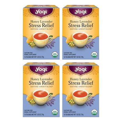 Yogi Tea Honey Lavender Stress Relief Tea - 16 Tea Bags per Pack (4 Packs) - Organic Chamomile Lavender Tea - Includes Lemon Balm, Lemongrass, Spearmint Leaf, Peppermint Leaf, Honey Flavor &amp; More