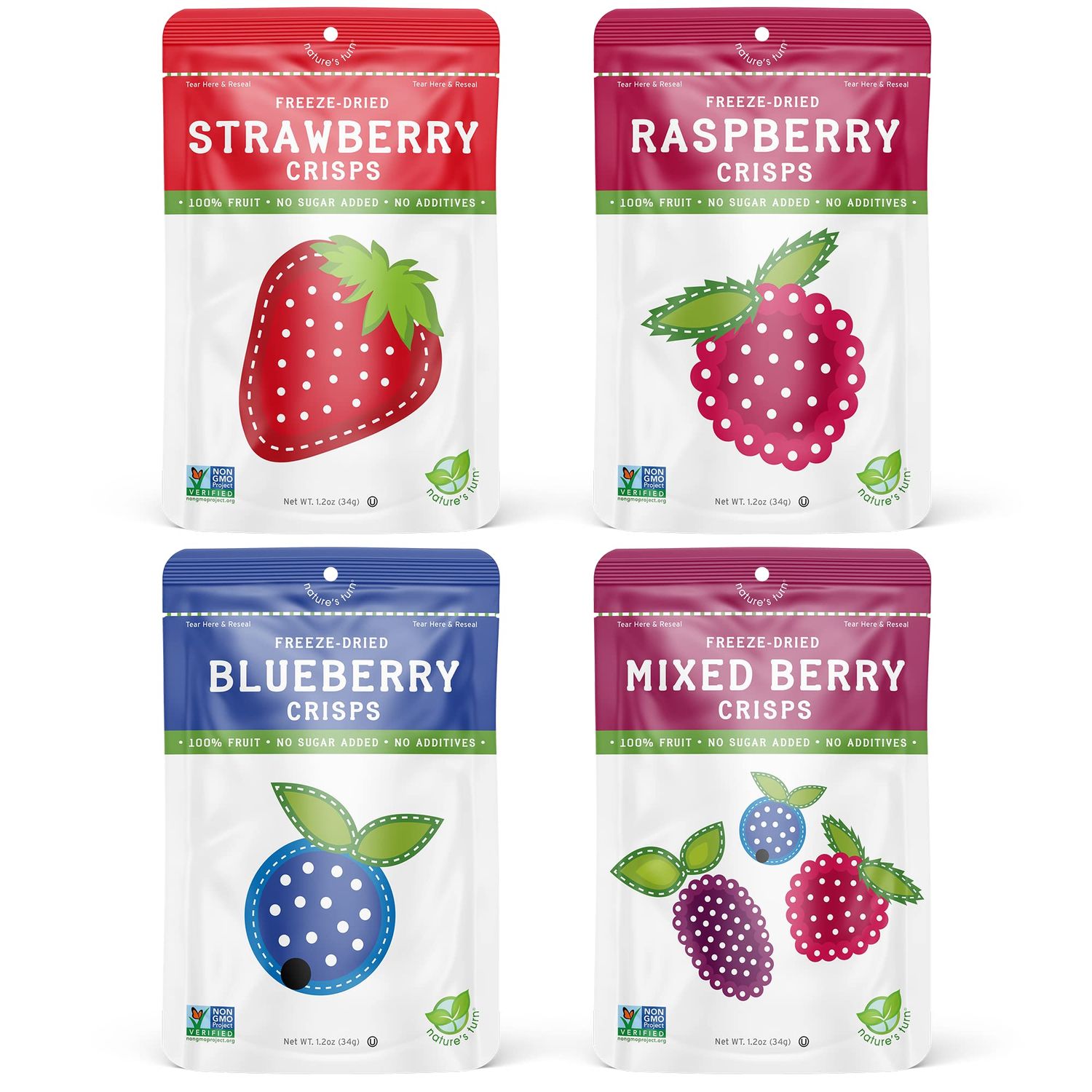 Nature&#39;s Turn Freeze-Dried Fruit Snacks, Very Berry Variety Crisps, Pack of 4 (1.2 oz Each)