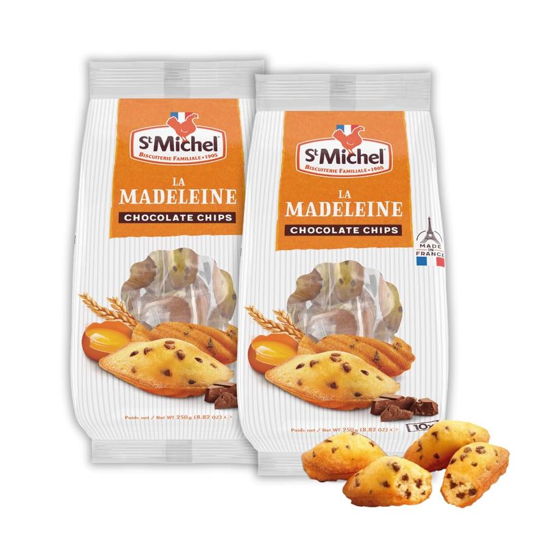 St Michel Chocolate Chip Madeleines French Sponge Cakes Made In France, Pack of 2 (250g each) Non-GMO. Total of 20 Individually wrapped All Butter Traditional Madeleines Sponge Cakes