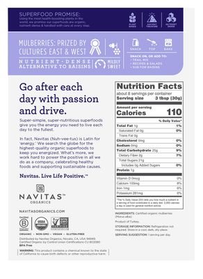 Navitas Organics Mulberries, 8 oz. Bag, 8 Servings - Organic, Non-GMO, Sun-Dried, Gluten-Free, Sulfite-Free