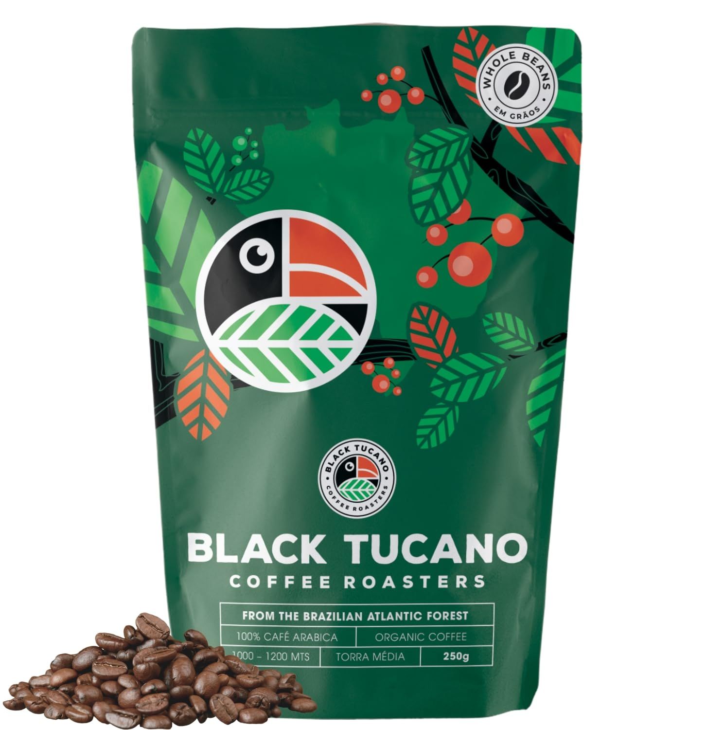 Black Tucano Specialty Coffee - Brazilian Whole Beans Medium Roast Coffee - Organic Coffee Whole Beans Coffee - 8.8 Ounces 250 Gr