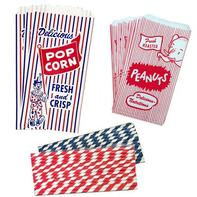 Outside the Box Papers Popcorn Bags Peanut Sacks and Striped Paper Straws 36 of Each Bag and 25 of Each Straw Red, White, Blue