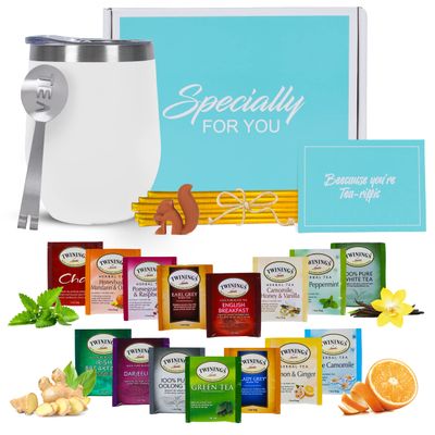 Tea Gift Sets for Tea Lovers Women and Men | Tea Gifts | Tea Gift Set | Tea Sets for Women | Stainless Steel Tumbler | 15 Unique Teas | 10 Honey Straws | Gift Box Tea Set (White)