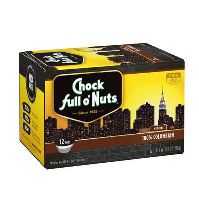 Chock Full oNuts Colombian Medium Roast, K-Cup Compatible Pods (12 Count) - Arabica Coffee In Eco-Friendly Keurig-Compatible Single Serve Cups