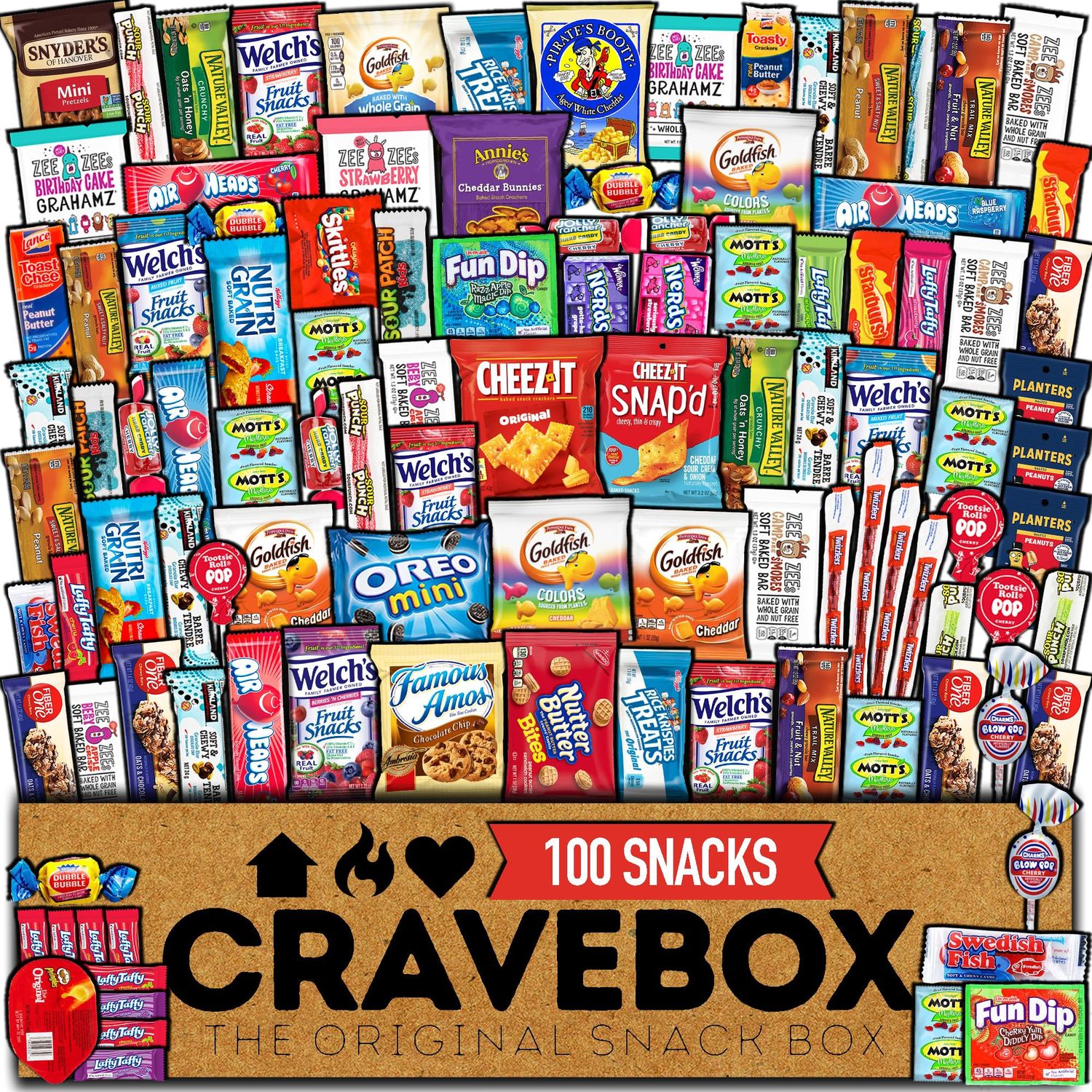 CRAVEBOX Snack Box (100 Count) Valentines Day Variety Pack Care Package Gift Basket Adult Kid Guy Girl Women Men Birthday College Student Office College Back to School