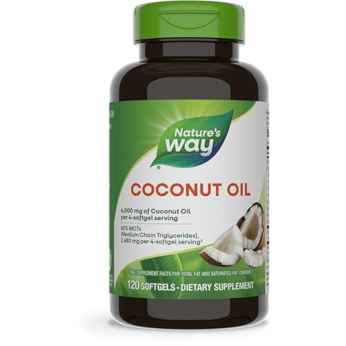 Nature&#39;s Way Coconut Oil, 62% MCTs, Hexane Free, 120 Softgels (Packaging May Vary)