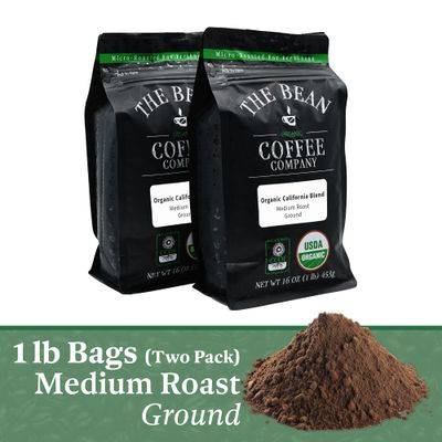 The Bean Organic Coffee Company California Blend, Medium Roast, Ground Coffee, 16-Ounce Bags (Pack of 2), Caf molido tostado orgnico