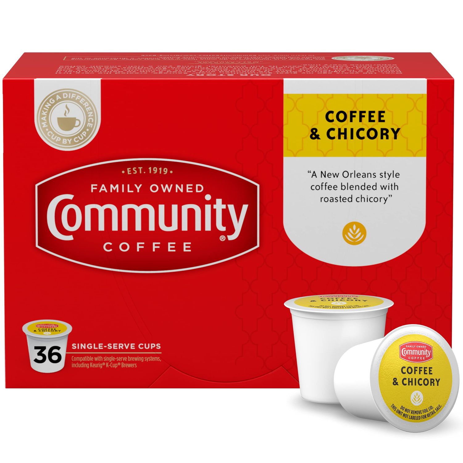 Community Coffee &amp; Chicory 36 Count Coffee Pods, Medium Dark Roast, Compatible with Keurig 2.0 K-Cup Brewers