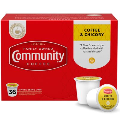 Community Coffee &amp; Chicory 36 Count Coffee Pods, Medium Dark Roast, Compatible with Keurig 2.0 K-Cup Brewers