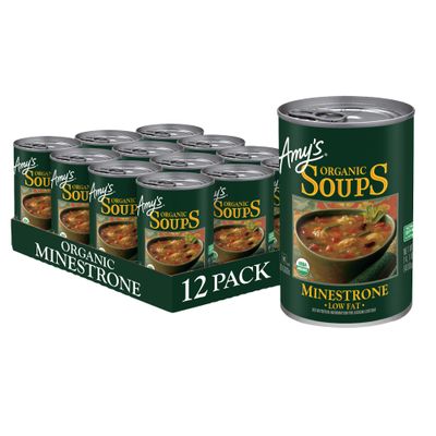 Amy&#39;s Soup, Vegan Hearty Minestrone, Made With Organic Vegetables, Beans and Pasta in Tomato Broth, Canned Soup, 14.1 Oz (12 Pack)