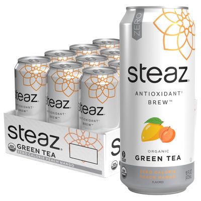 Steaz - Organic Green Tea - Zero Calorie Peach Mango (12 Pack) - Antioxidant Brew - 65mg Natural Caffeine, Vitamin C - Stevia Sweetened Iced Tea - Vegan, Fair Trade - 12 Cans, 16 fl oz (473mL)