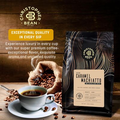 Christopher Bean Coffee- Caramel Macchiato Flavored Coffee, Decaf Coffee, 100% Arabica, Coffee Ground Medium Roast, No Sugar, No Fats, Made with Non-GMO Flavorings, 12-Ounce Bag Ground Coffee Bean