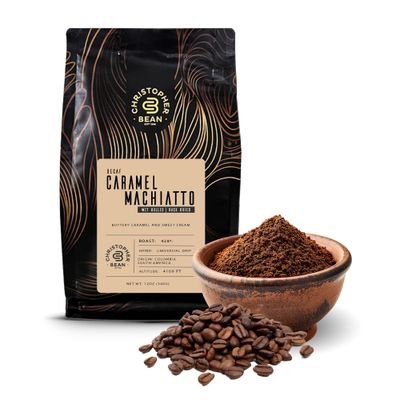 Christopher Bean Coffee- Caramel Macchiato Flavored Coffee, Decaf Coffee, 100% Arabica, Coffee Ground Medium Roast, No Sugar, No Fats, Made with Non-GMO Flavorings, 12-Ounce Bag Ground Coffee Bean