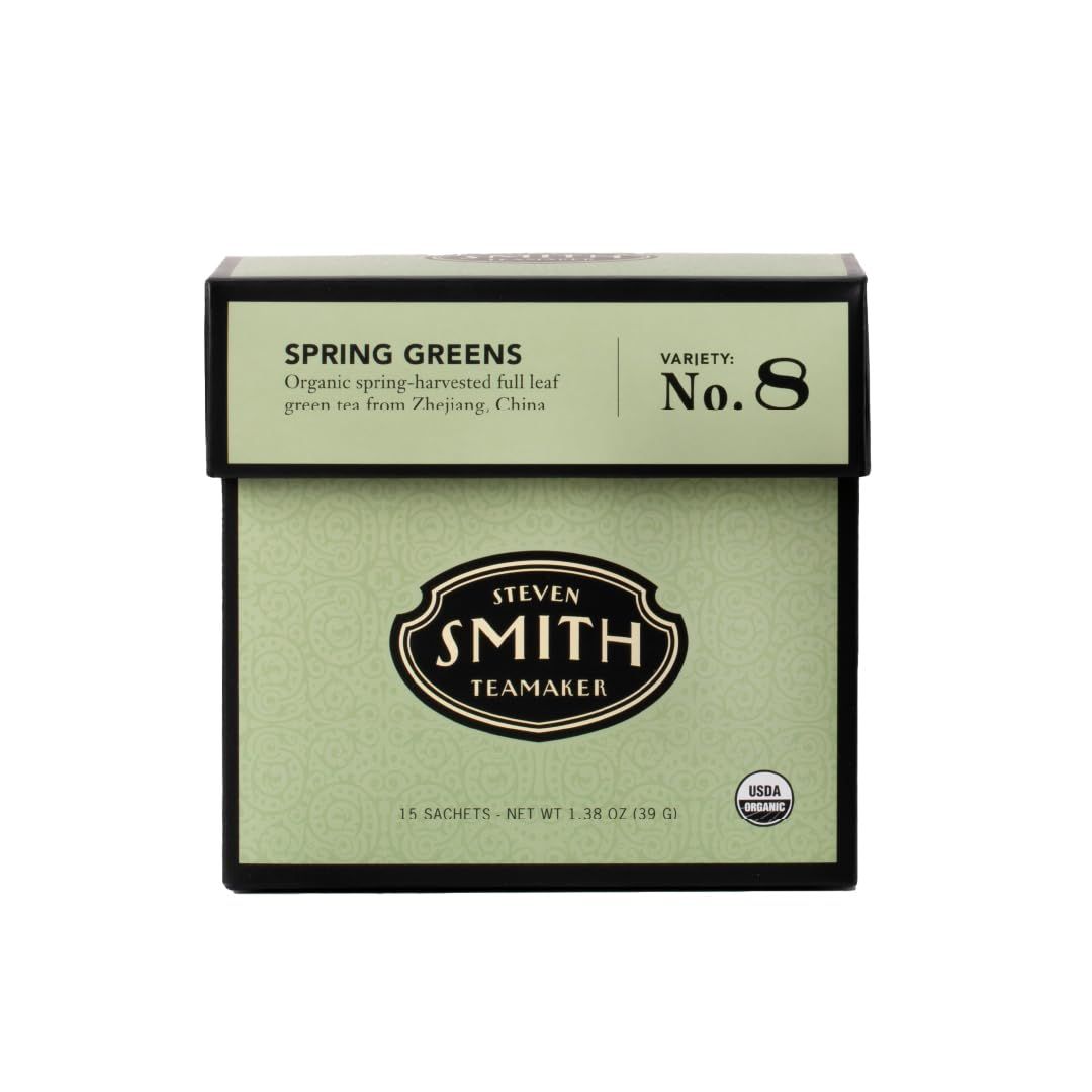 Smith Teamaker Spring Greens No. 8, Organic Mao Feng Green Tea, Caffeinated, Sugar-Free, Sustainably Grown Full Leaf Green Tea, 15 Sachets, 1.3oz each