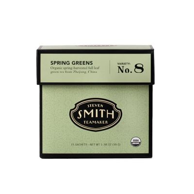 Smith Teamaker Spring Greens No. 8, Organic Mao Feng Green Tea, Caffeinated, Sugar-Free, Sustainably Grown Full Leaf Green Tea, 15 Sachets, 1.3oz each