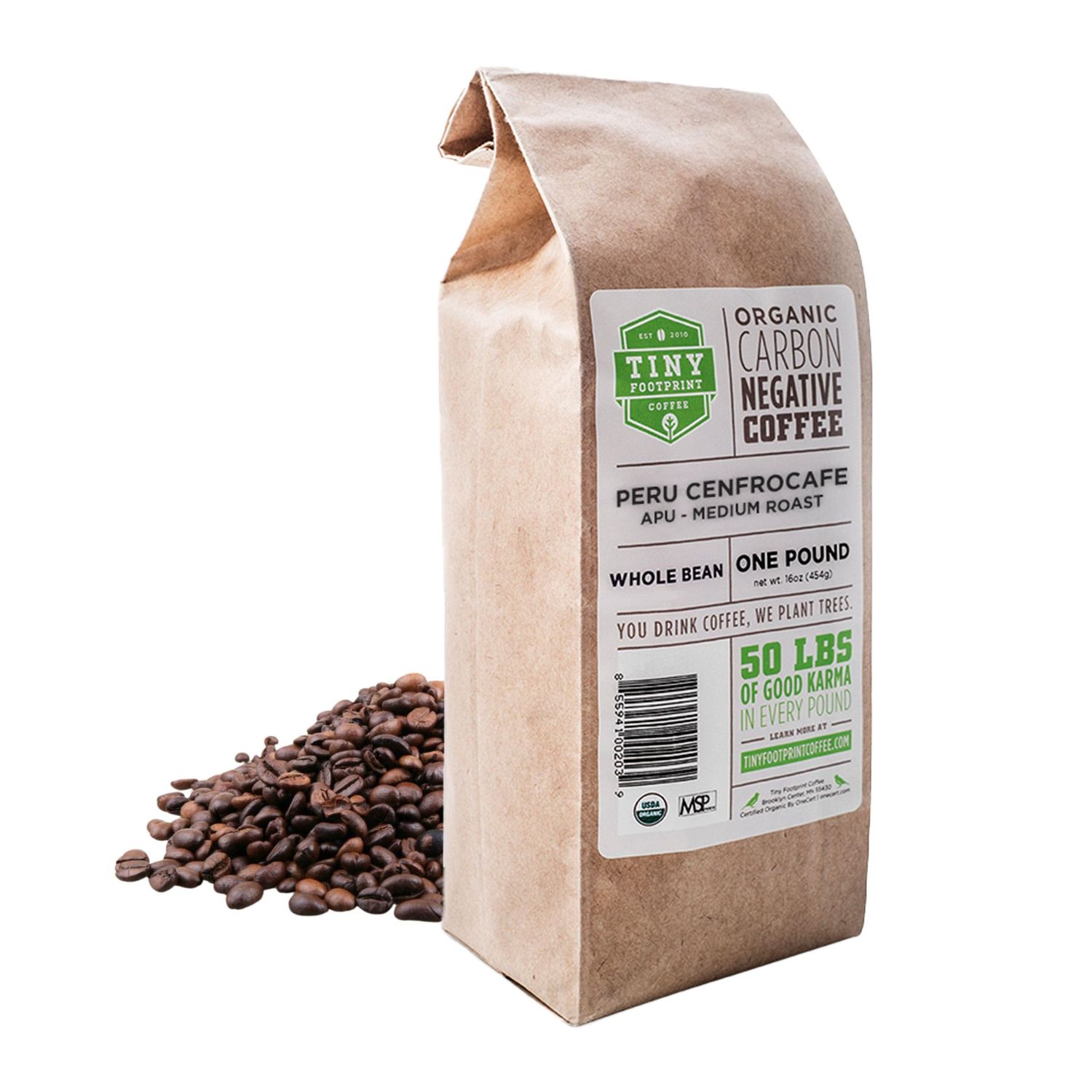 Tiny Footprint Coffee - Peru, Medium Roast, Organic Coffee - Whole Bean Coffee - Fair Trade Certified &amp; Carbon Negative - You Drink Coffee, We Plant Trees, 16 Ounce
