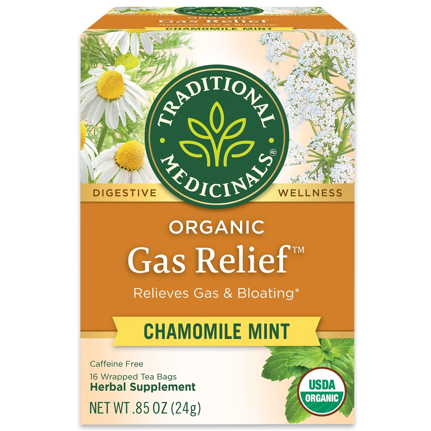 Traditional Medicinals Tea, Organic Gas Relief, Relieves Gas &amp; Bloating, Chamomile Mint, 16 Tea Bags