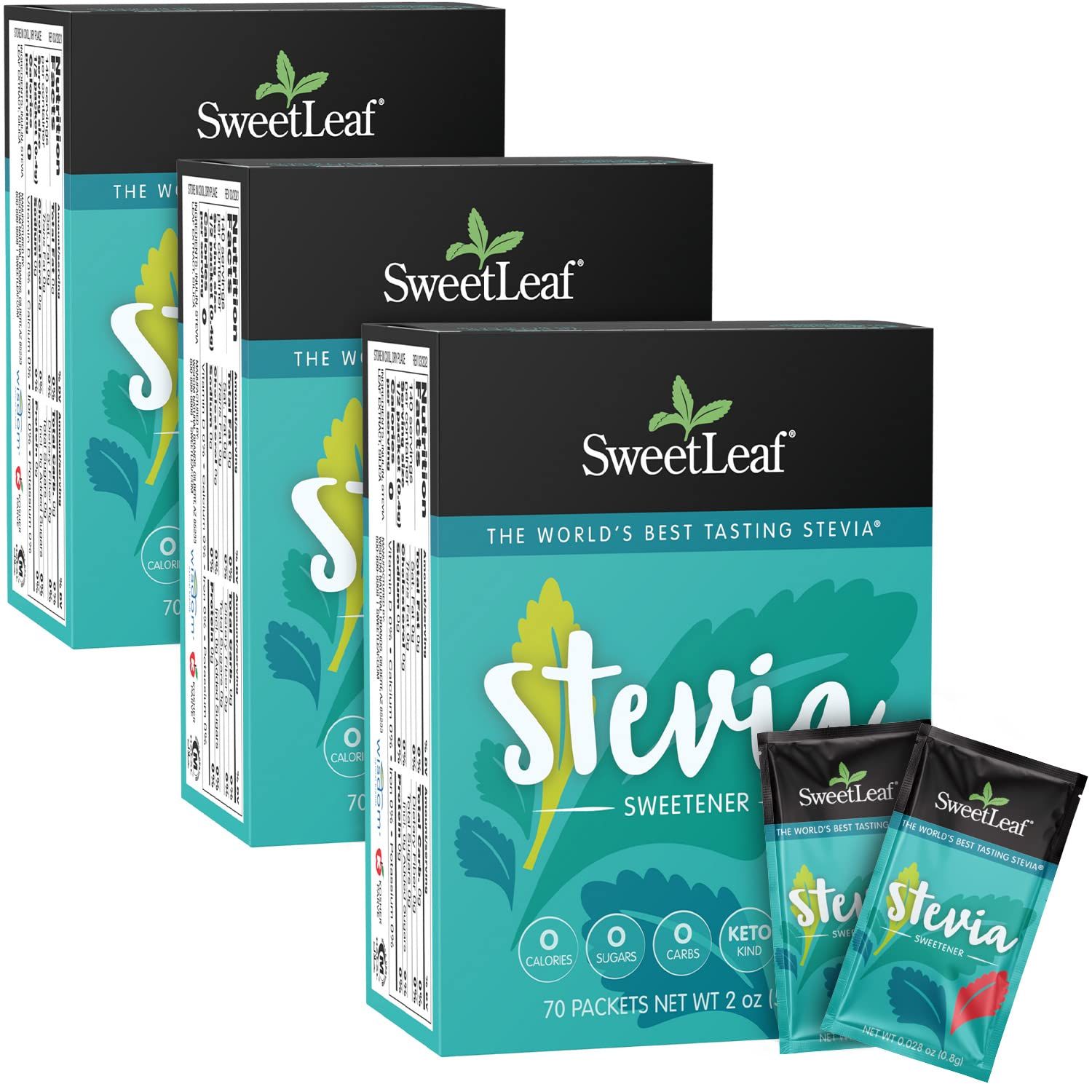 SweetLeaf Stevia Packets - Zero Calorie Natural Stevia Powder, Non-GMO Stevia Sweetener Packets, 70 Count (Pack of 3)