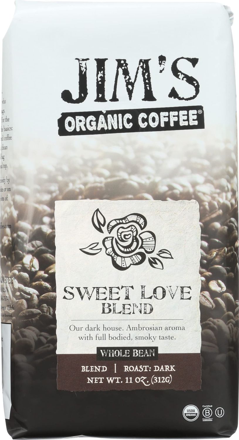 Jim&#39;s Organic Coffee Sweet Love Blend Whole Bean, Dark Roast, 11 Ounce (Pack of 6)