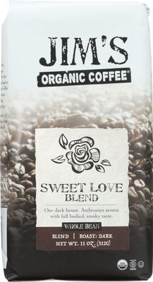 Jim&#39;s Organic Coffee Sweet Love Blend Whole Bean, Dark Roast, 11 Ounce (Pack of 6)
