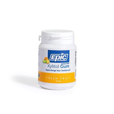 Epic Xylitol Chewing Gum - Sugar Free &amp; Aspartame Free Chewing Gum Sweetened w/Xylitol for Dry Mouth &amp; Gum Health (Fresh Fruit, 50-Piece Bottle)