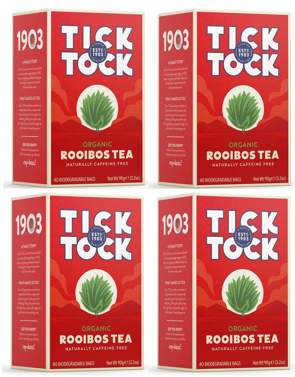 TICK TOCK TEAS Organic Rooibos Tea, Original, Naturally Caffeine Free Red Bush Herbal Tea, Rich in Anti-Oxidants, South African, Superfood, 40 Count, Pack of 4