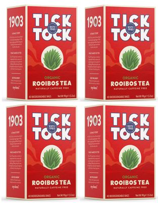TICK TOCK TEAS Organic Rooibos Tea, Original, Naturally Caffeine Free Red Bush Herbal Tea, Rich in Anti-Oxidants, South African, Superfood, 40 Count, Pack of 4
