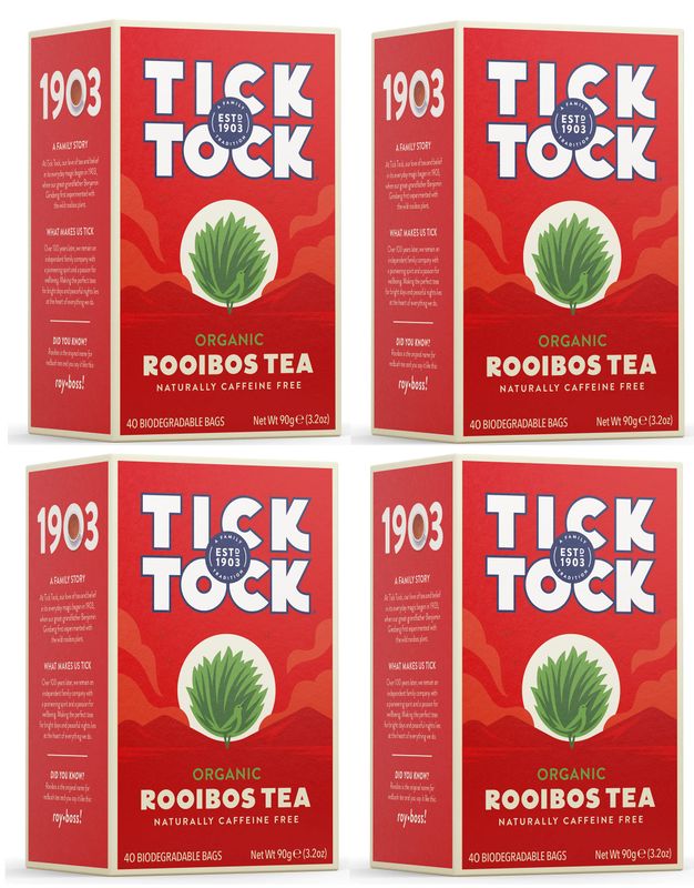 TICK TOCK TEAS Organic Rooibos Tea, Original, Naturally Caffeine Free Red Bush Herbal Tea, Rich in Anti-Oxidants, South African, Superfood, 40 Count, Pack of 4