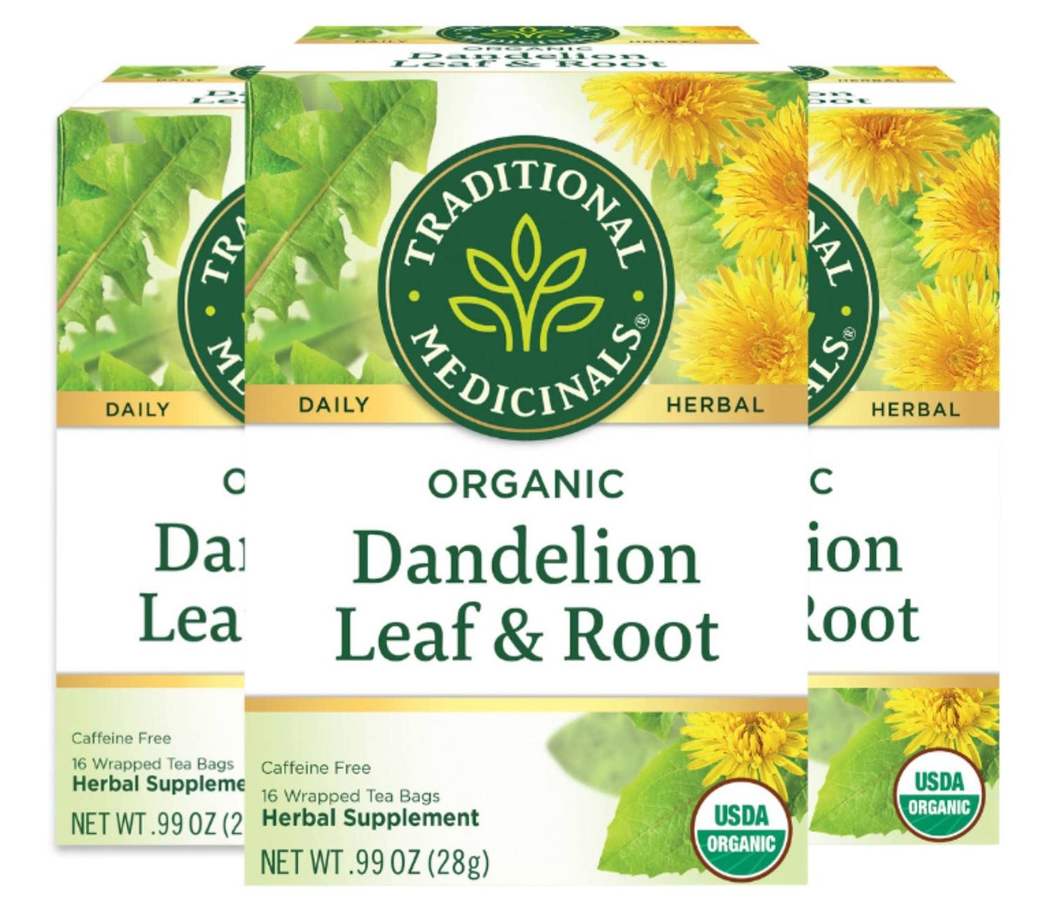 Traditional Medicinals Organic Dandelion Leaf &amp; Root Herbal Tea, Supports Kidney Function &amp; Healthy Digestion, (Pack of 3) - 48 Tea Bags Total