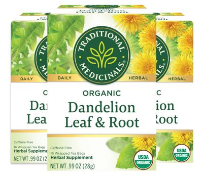 Traditional Medicinals Organic Dandelion Leaf &amp; Root Herbal Tea, Supports Kidney Function &amp; Healthy Digestion, (Pack of 3) - 48 Tea Bags Total