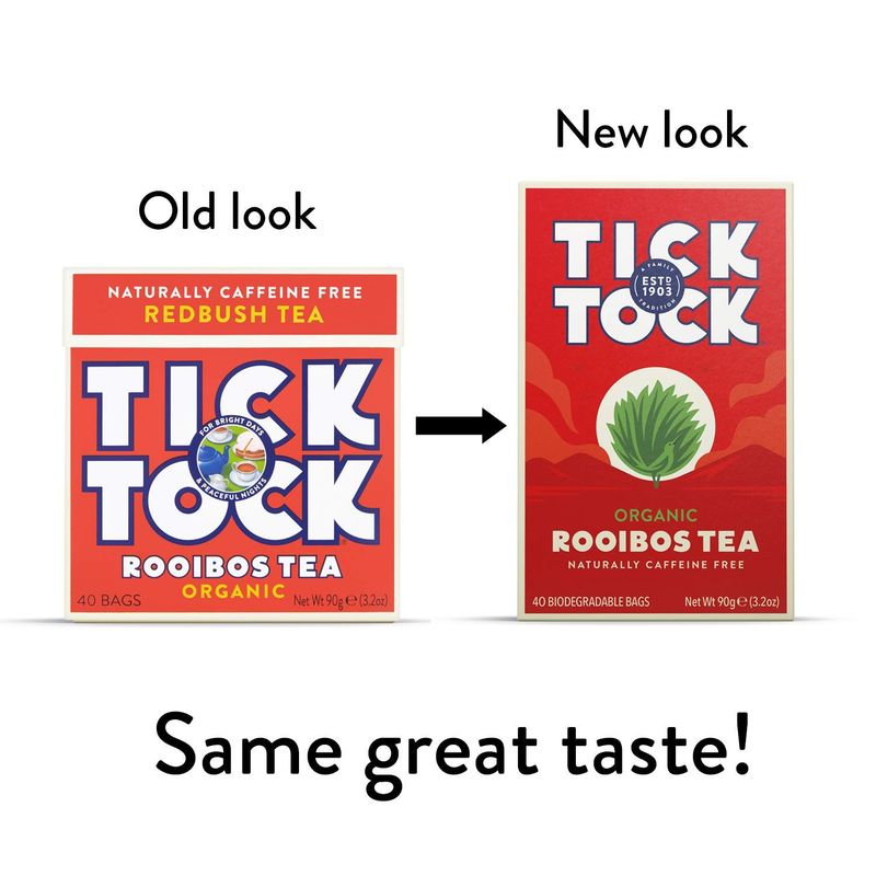 TICK TOCK TEAS Organic Rooibos Tea, Original, Naturally Caffeine Free Red Bush Herbal Tea, Rich in Anti-Oxidants, South African, Superfood, 40 Count, Pack of 4