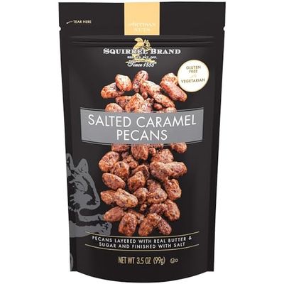 Squirrel Brand Salted Caramel Pecans. 3.5 oz Resealable Bag, Gluten Free, Vegetarian