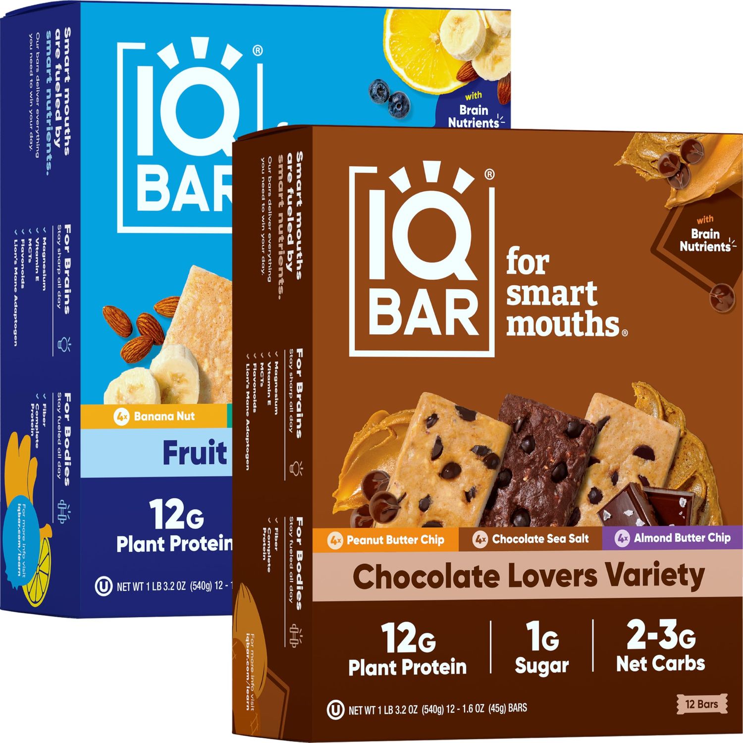 IQBAR Brain and Body Plant Protein Bars - Chocolate &amp; Fruit Variety - 24 Count, Low Carb, High Fiber, Gluten Free, Vegan Snacks - Low Sugar Keto Bar