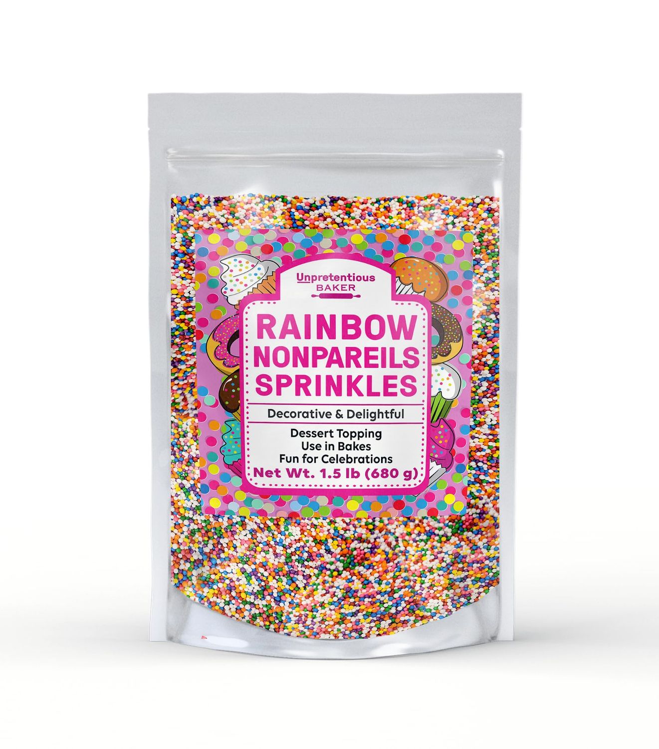 Rainbow Nonpareils Sprinkles By Unpretentious Baker, 1.5 lb, Round Sprinkles, Gluten Free, Clear Resealable Bag