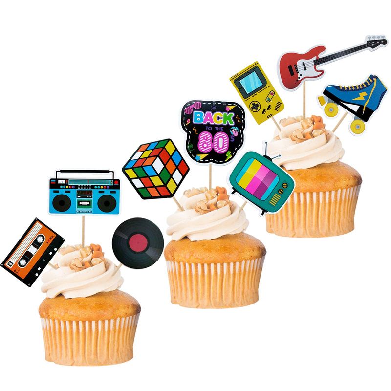Mulukaya 36Pcs Back To The 80s Themed Cupcake Toppers 1980s Retro Party Cake Treat Picks for I Love 80s Birthday Wedding Decade Throwback Party Decorations Supplies