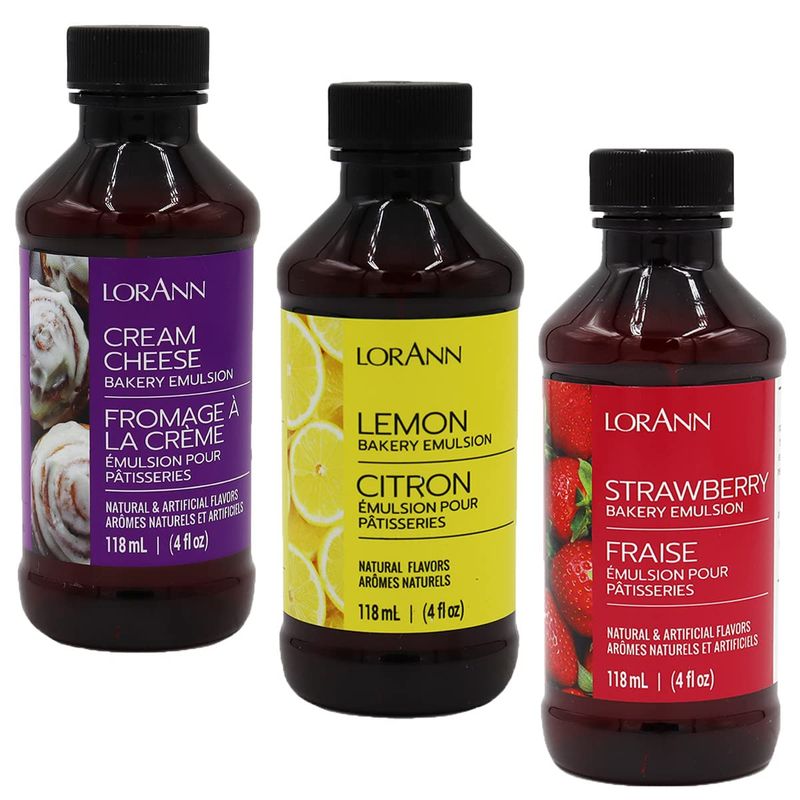 Lorann Oils Cream Cheese, Lemon, Strawberry Bakery Emulsion: Triple Flavor Blend, Ideal for Enhancing Complex Flavors in Baked Goods, Gluten-Free, Keto-Friendly, Flavor Blend Essential