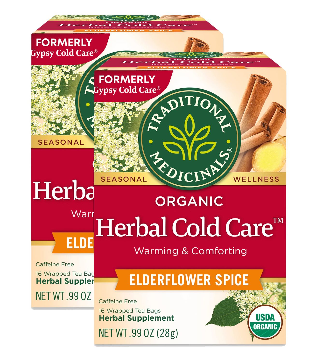 Traditional Medicinals Organic Herbal Cold Care Elderflower Spice Herbal Tea, Warm &amp; Comforting Seasonal Wellness, (Pack of 2) - 32 Tea Bags Total