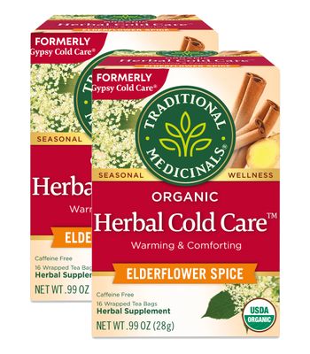 Traditional Medicinals Organic Herbal Cold Care Elderflower Spice Herbal Tea, Warm &amp; Comforting Seasonal Wellness, (Pack of 2) - 32 Tea Bags Total