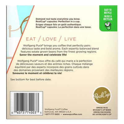 Wolfgang Puck Coffee Single Serve Capsules, Medium Roast, Compatible with Keurig K-Cup Brewers, Breakfast in Bed, 18 Count