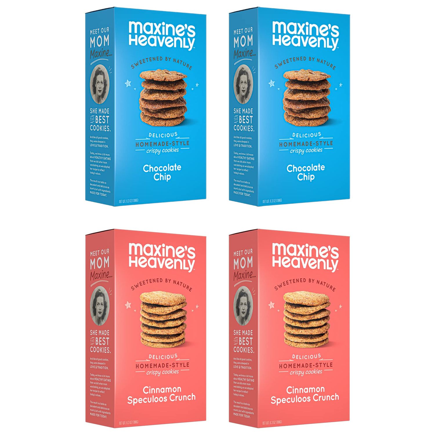 Maxine&#39;s Heavenly Crispy Chocolate Chip Cookies and Cinnamon Speculoos Cookies | Low Carb, Low Sugar, Vegan Snacks, Plant Based Snack, Kosher, Gluten Free Snack - Healthy Snacks | 4 pack = 48 cookies