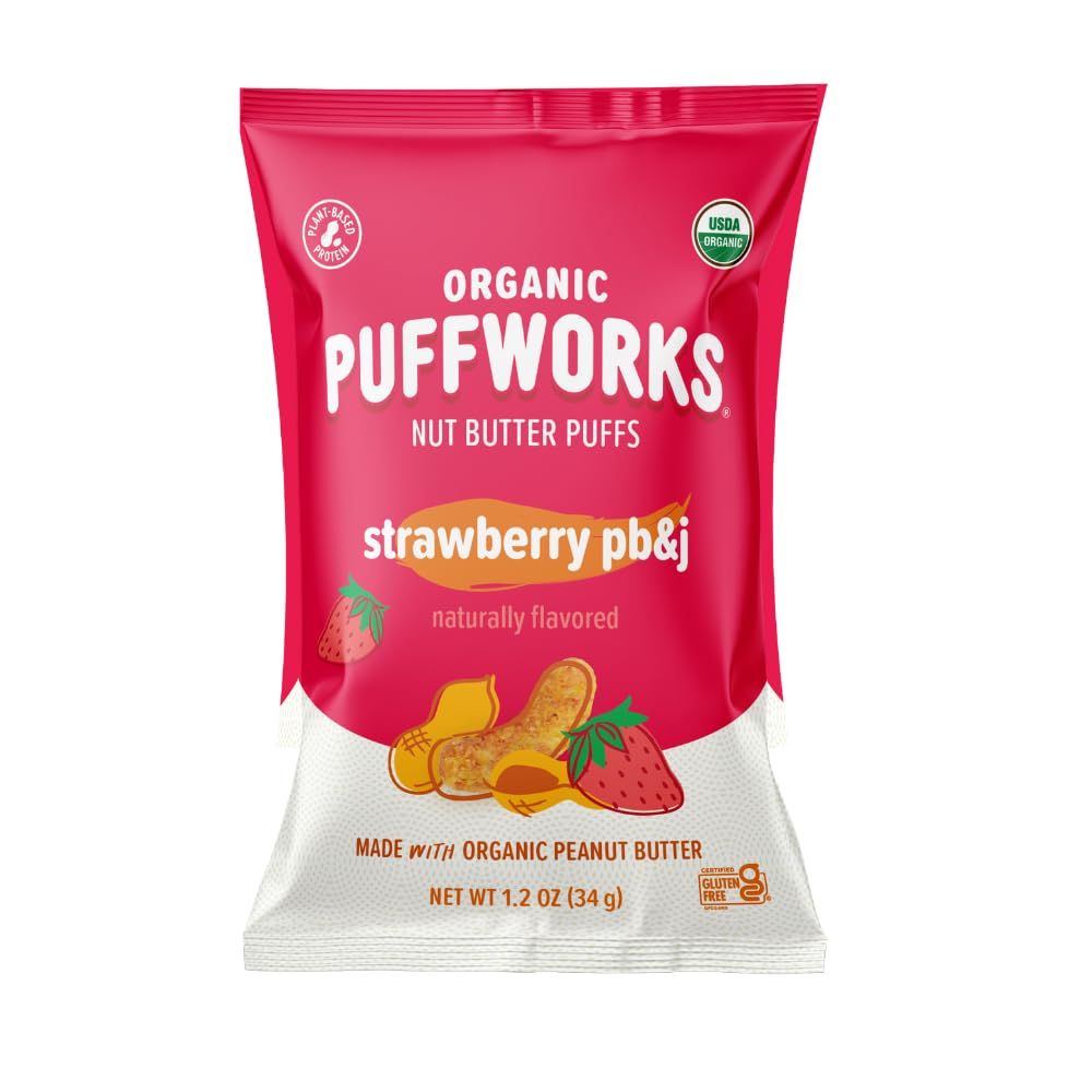 Puffworks Strawberry PBJ Organic Peanut Butter Puffs, 1.2 Ounce (Pack of 6), Plant-Based Protein Snack, Gluten-Free, Vegan, Kosher