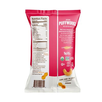 Puffworks Strawberry PBJ Organic Peanut Butter Puffs, 1.2 Ounce (Pack of 6), Plant-Based Protein Snack, Gluten-Free, Vegan, Kosher