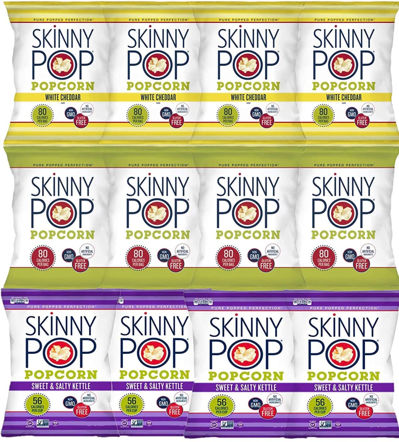 Skinny Pop Variety 12-Pack, Sweet &amp; Salty Kettle, White Cheddar, Original, 12-0.5/0.8 oz Individual Bags