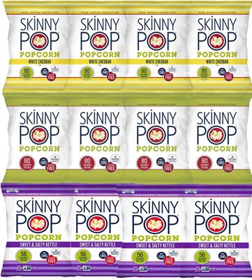 Skinny Pop Variety 12-Pack, Sweet &amp; Salty Kettle, White Cheddar, Original, 12-0.5/0.8 oz Individual Bags