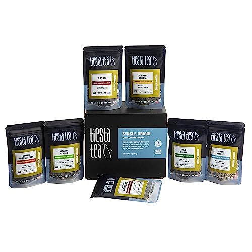 Tiesta Tea Single Origin Tea Sampler Set, Up to 56 Cups, Low to High Caffeine, Hot &amp; Iced Tea, Loose Leaf Tea Variety Pack with Green, White, Black &amp; Oolong Tea, 7 Sample Pouches