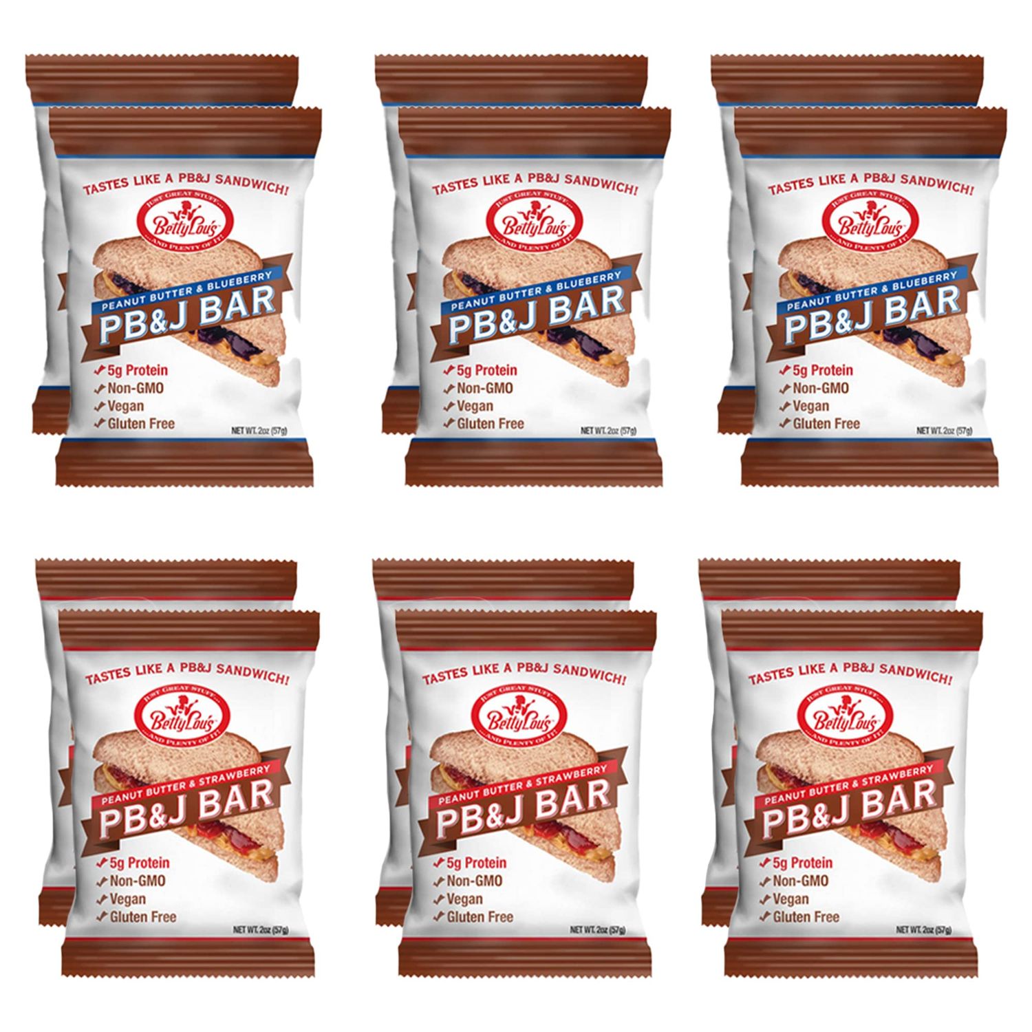 Betty Lou&#39;s PB&amp;J Bars | Variety Pack - 6 PB &amp; Strawberry Bars and 6 PB &amp; Blueberry Bars | Gluten Free, Vegan, Non GMO | Deliciously Healthy Snacks | Individually Wrapped, 2 Oz. Each (12 Pack)