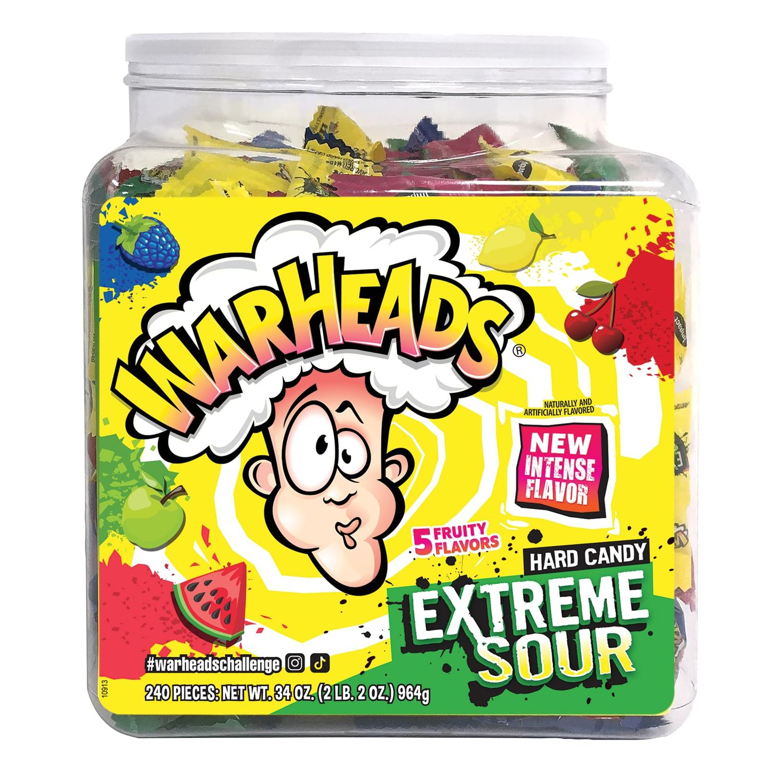 WARHEADS - Extreme Sour Hard Candy - Sour Apple, Black Cherry, Blue Raspberry, Lemon &amp; Watermelon Flavors - 34 oz. Tub with 240 Pieces of Candy