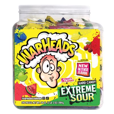 WARHEADS - Extreme Sour Hard Candy - Sour Apple, Black Cherry, Blue Raspberry, Lemon &amp; Watermelon Flavors - 34 oz. Tub with 240 Pieces of Candy