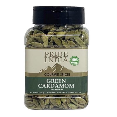 Pride of India - Green Cardamom Whole - Gourmet &amp; Aromatic Spice - Flavoring agent for bakes/teas/drinks &amp; more - Full Bodied Green Pods - 6 oz. Medium Dual Sifter Jar
