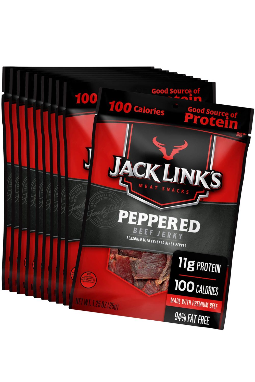 Jack Links Beef Jerky, Peppered, 1.25 oz. Bags, 10 Count - Flavorful Meat Snack for Lunches, 11g of Protein and 100 Calories, Made with 100% Beef - 94% Fat Free, No Added MSG or Nitrates/Nitrites
